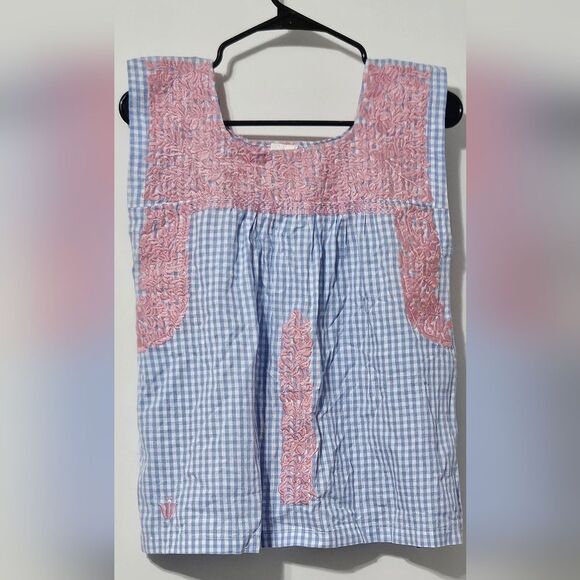 j. marie Tops - J. . Marie Blue Gingham Embroidery Smock Top, Size Small